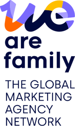 We Are Family logo and the wording "The Global Marketing Agency Network" underneath. The "We" includes the colours orange, yellow, light blue, mid blue and dark blue. The rest is in the colour dark blue.